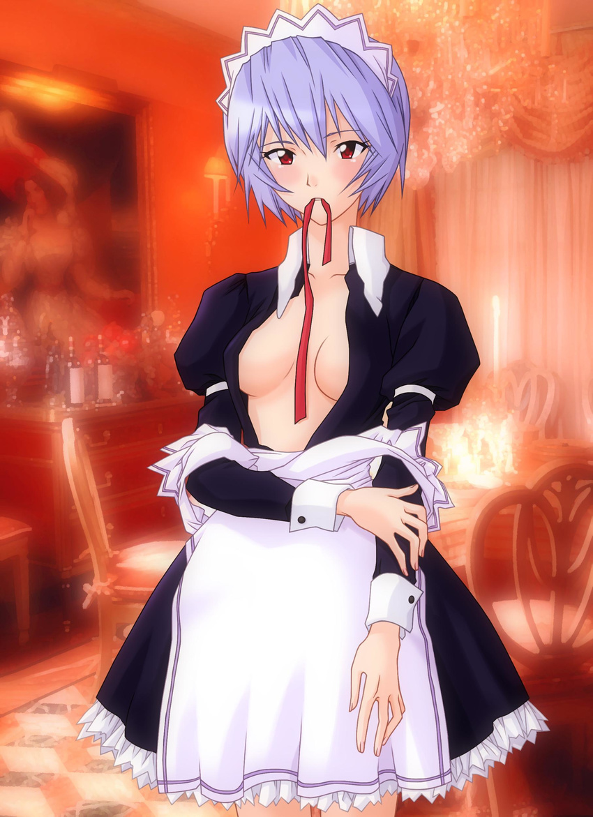 absurdres apron ayanami_rei blue_hair count_zero highres maid mouth_hold neon_genesis_evangelion non-web_source open_clothes short_hair solo undressing