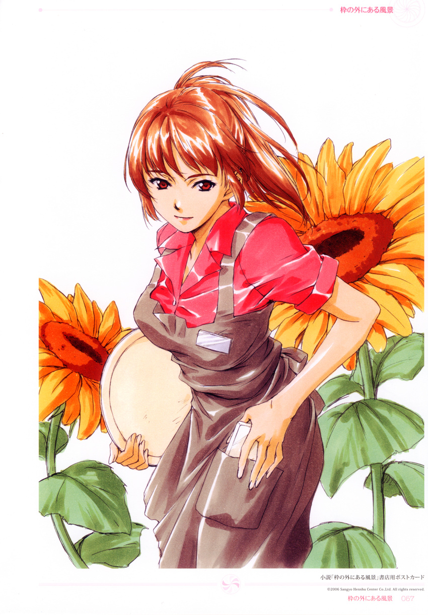 absurdres apron bangs bare_arms breasts brown_hair carrying_under_arm closed_mouth collared_shirt copyright_request cowboy_shot dress_shirt flower grey_apron highres horibe_hiderou looking_at_viewer medium_breasts name_tag non-web_source page_number pocket ponytail red_eyes red_hair red_shirt scan shirt sleeves_folded_up smile solo standing sunflower tray waitress white_background