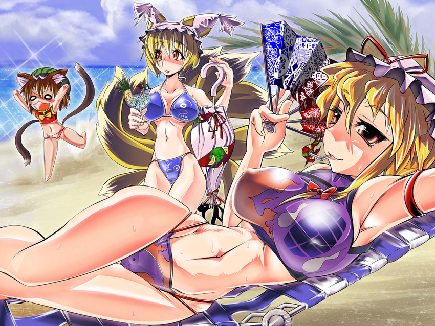 bikini blonde_hair breasts chen fan folding_fan huge_breasts miyamoto_takashi multiple_girls narrow_waist swimsuit touhou umbrella wide_hips yakumo_ran yakumo_yukari