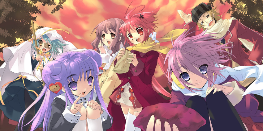 5girls aihara_kazuyoshi akizuki_nagi anzu blue_eyes brown_eyes brown_hair cloud everyone green_hair highres itou_noiji momose_hikaru multiple_girls peace@pieces purple_eyes purple_hair red_eyes red_hair sky takanashi_homare yamada_maririn yellow_eyes