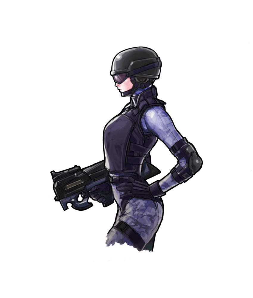 advance_wars armor breasts bulletproof_vest bullpup elbow_pads gloves goggles gun helmet highres hiroaki_(kof) medium_breasts military military_uniform official_art p90 soldier solo submachine_gun uniform weapon