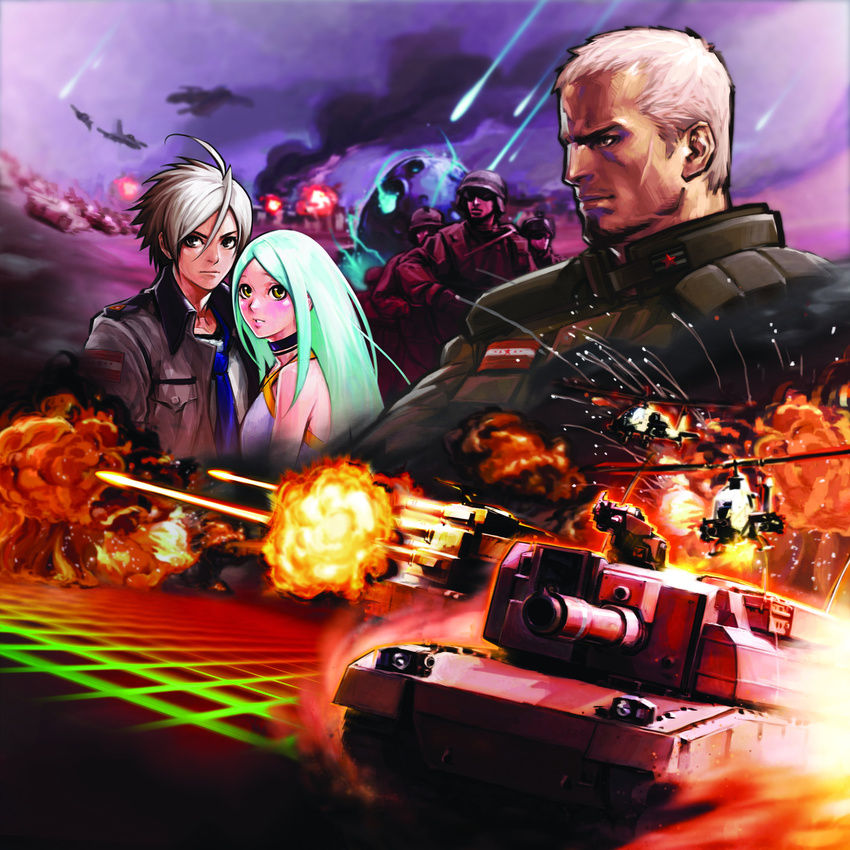 6+boys advance_wars advance_wars:_days_of_ruin ah-1_cobra aircraft airplane brenner choker coat explosion green_hair ground_vehicle helicopter helmet highres hiroaki_(kof) isabella_(advance_wars) jacket military military_vehicle motor_vehicle multiple_boys necktie official_art sky soldier tank will_(advance_wars)