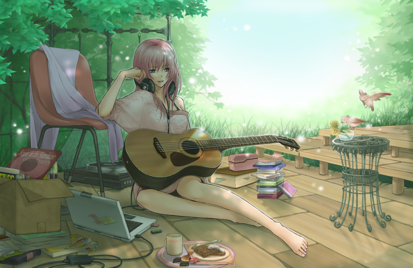 acoustic_guitar barefoot bird blue_eyes book box candy cardboard_box chair coffee_mug coffee_table computer cup day flower food fork guitar headphones highres instrument laptop leaf long_hair megurine_luka mug outdoors pen pink_hair record shirano_(hiromaxi729) sitting smile solo usb vocaloid