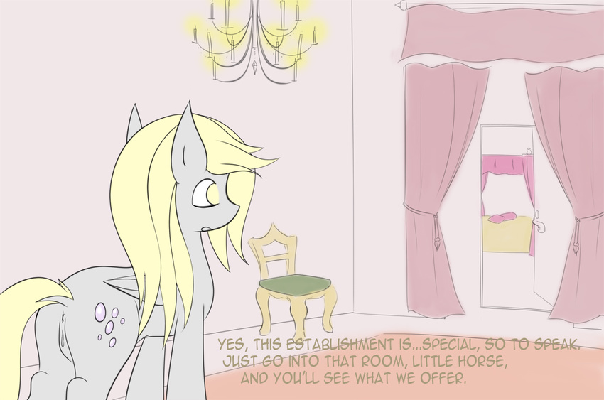 bedroom blonde_hair cutie_mark derpy_hooves_(mlp) dialog english_text equine female feral friendship_is_magic hair horse inside mammal my_little_pony pegasus pussy solo text v-invidia wings yellow_eyes