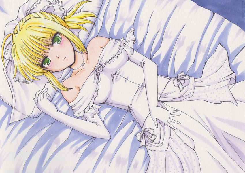 ahoge artoria_pendragon_(all) bad_id bad_pixiv_id bare_shoulders blonde_hair blush bow bridal_veil dress elbow_gloves fate/stay_night fate_(series) flower gloves green_eyes highres jewelry lying necklace on_back on_bed pillow rascal_(n119) saber solo veil wedding_dress