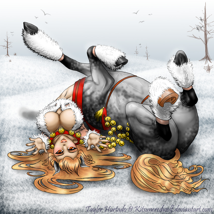 blush breasts centaur equine female hooves horse human kitsuneredwolf lying mammal on_back outside red_eyes snow solo taur
