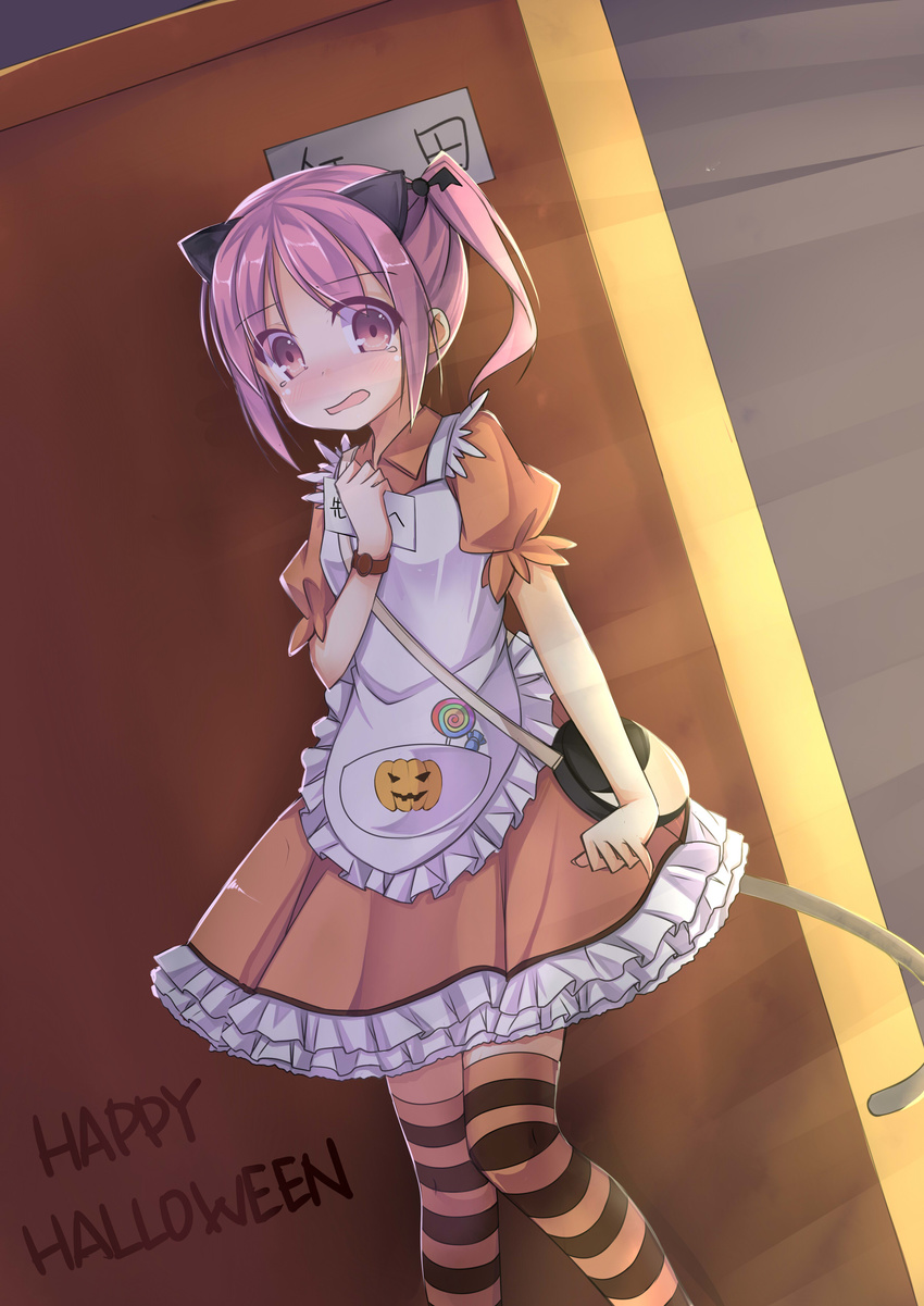 absurdres amemiya_ruki animal_ears bag blush cat_ears cat_tail dress halloween happy_halloween highres looking_at_viewer open_mouth original pink_eyes pink_hair solo striped striped_legwear tail tears thighhighs twintails watch wristwatch