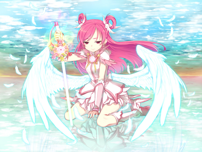 bare_shoulders cure_dream cure_fleuret day detached_sleeves dress feathers hair_rings holding long_hair magical_girl minatsuki_randoseru pink_eyes pink_hair precure reflection sitting sky smile solo sword weapon white_wings wings yes!_precure_5 yumehara_nozomi