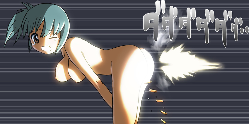 1girl aqua_hair ass ball1000 bent_over borusen bouncing_breasts breasts brown_eyes character_request cyan_hair fart hanging_breasts kodansha large_breasts looking_back nude open_mouth shell_casing solo tears tetsuwan_atom weapon what wince