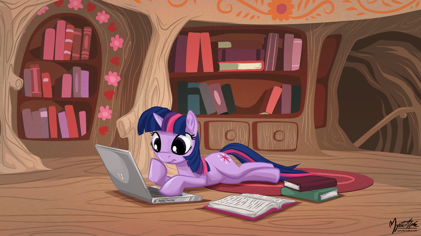 book computer cutie_mark equine female feral friendship_is_magic fur hair horn horse inside laptop mammal my_little_pony mysticalpha pony purple_eyes purple_fur solo twilight_sparkle_(mlp) two_tone_hair unicorn wood