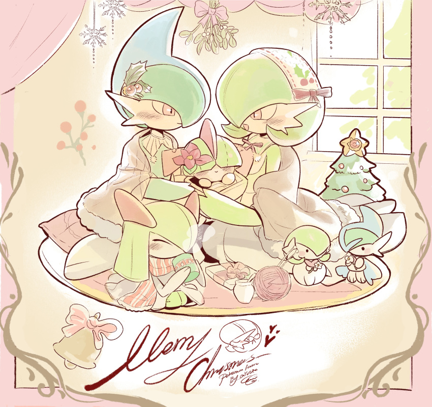 1boy 1other 2girls ^_^ absurdres artist_name bell blanket blue_hair blunt_bangs blush bob_cut border bow bowl_cut box character_doll christmas christmas_ornaments christmas_tree closed_eyes closed_mouth clothed_pokemon colored_skin commentary_request covered_eyes cup cushion detached_collar doll drink drinking english_commentary english_text eye_contact family flat_chest flower fur_trim gallade gardevoir gift gift_box green_skin hair_flower hair_ornament hair_over_eyes hair_over_one_eye hairband hands_up happy heart highres holding holding_cup holding_drink holly_hair_ornament in_container indoors jar kirlia kneeling knitting_needle looking_at_another mega_gallade mega_gardevoir mega_pokemon merry_christmas mistletoe mixed-language_commentary mohawk mug multicolored_hair multicolored_skin multiple_girls neck_ribbon needle on_floor one_eye_covered open_mouth partial_commentary pink_border pink_bow pink_ribbon pink_scarf pokemon pokemon_(creature) pom_pom_(clothes) ralts red_eyes red_flower ribbon scarf seiza signature sitting smile snowflakes staryu steam striped_clothes striped_scarf two-tone_hair two-tone_skin white_hairband white_skin window yarn yarn_ball yueryu_(taroyuer2)