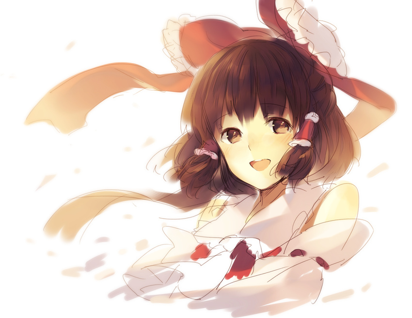 bare_shoulders blush bow brown_eyes brown_hair face hair_bow hakurei_reimu long_hair looking_at_viewer open_mouth simple_background smile solo touhou upper_body weee_(raemz) white_background