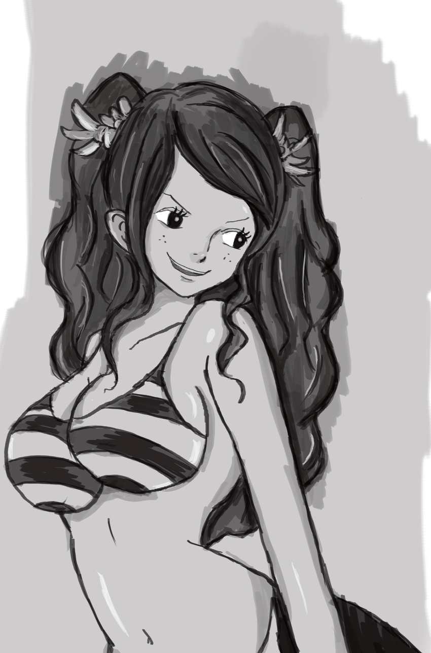 1girl absurdres black_hair breasts cleavage fishman_island flower highres ishilly large_breasts long_hair mermaid monochrome monster_girl one_piece solo twintails