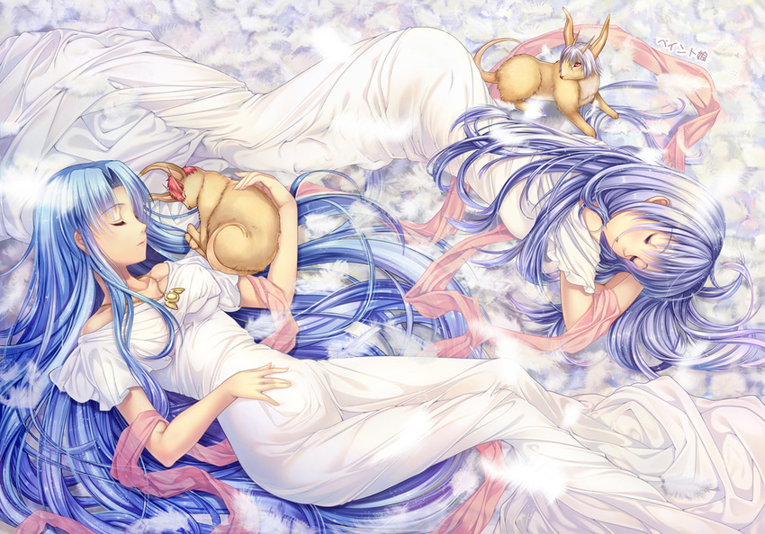 adol_christin ancient_ys_vanished blue_hair collarbone dress feena_(ys) jewelry long_hair looking_back lying multiple_girls necklace on_side reah_(ys) roo_(ys) sleeping toal_fact very_long_hair white_dress youqiniang ys