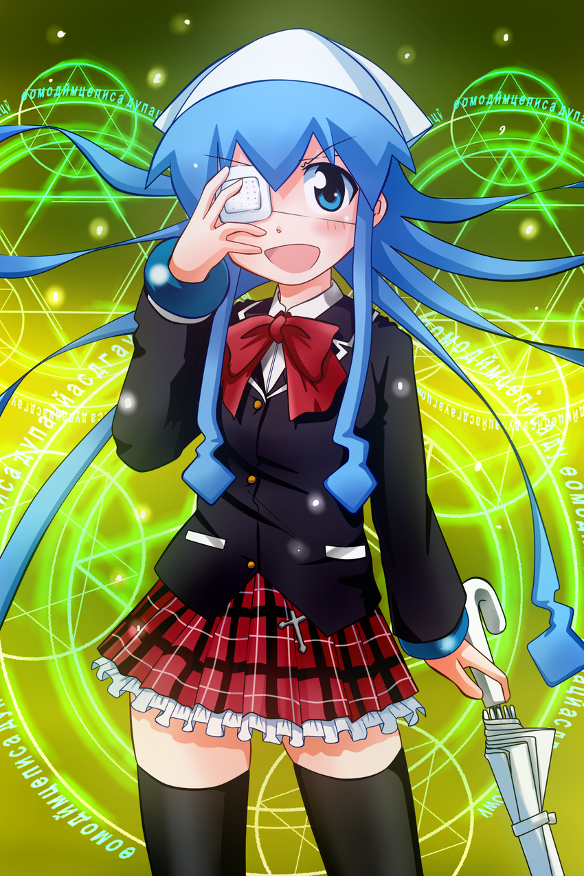 black_legwear blue_eyes blue_hair blush chuunibyou_demo_koi_ga_shitai! cosplay cross cyrillic eyepatch hat hexagram highres ikamusume long_hair magic_circle plaid plaid_skirt rokushaku_neko school_uniform shinryaku!_ikamusume skirt solo takanashi_rikka takanashi_rikka_(cosplay) tentacle_hair thighhighs umbrella zettai_ryouiki