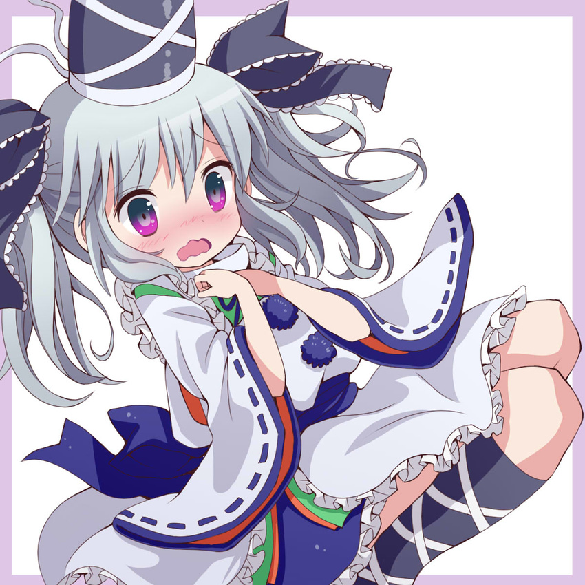 alternate_hairstyle blush border givuchoko green_eyes hair_ribbon hat highres kneehighs long_hair mononobe_no_futo multicolored multicolored_eyes open_mouth pink_eyes ribbon silver_hair single_kneehigh solo tate_eboshi touhou twintails wavy_mouth wide_sleeves