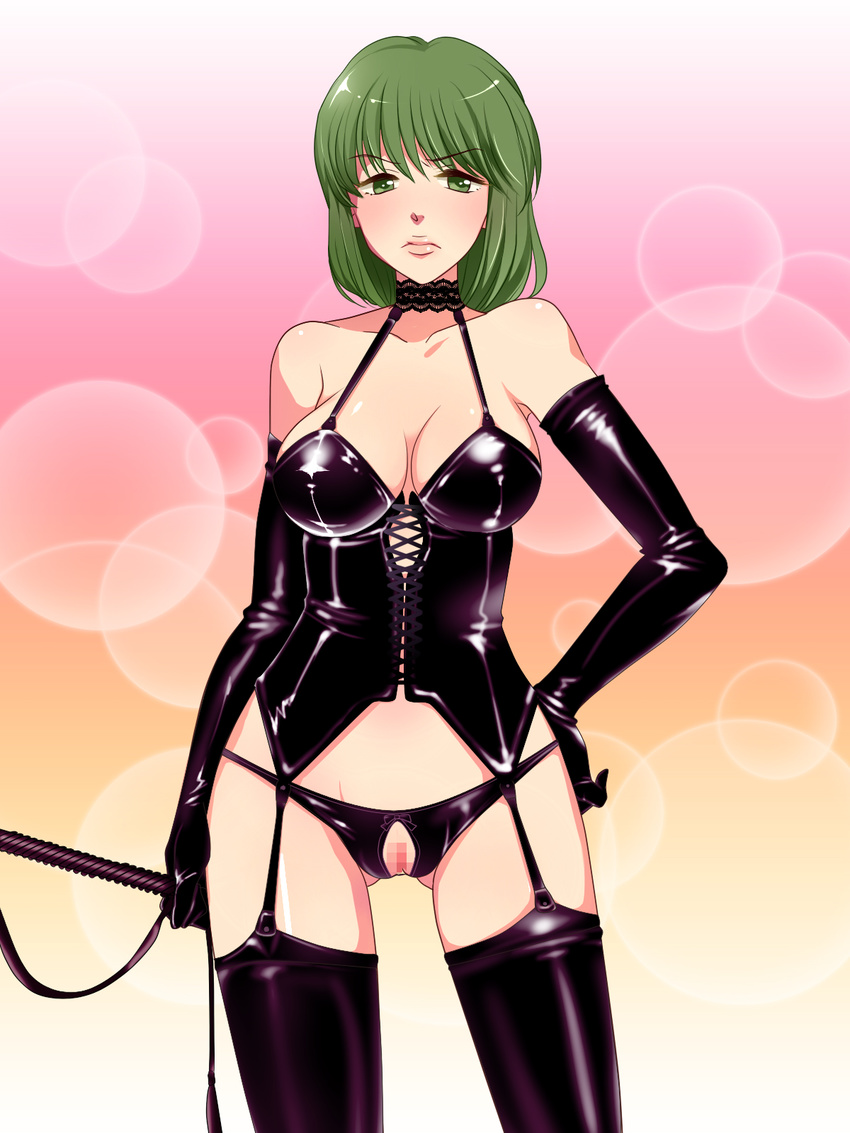 1girl bare_shoulders blush breasts censored cleavage crotchless crotchless_panties dominatrix elbow_gloves female garter_straps gloves green_eyes green_hair hand_on_hips high_school!_kimengumi highres latex lingerie looking_at_viewer matching_hair/eyes nemunoya oda_mari panties pussy short_hair solo standing thighhighs underwear whip