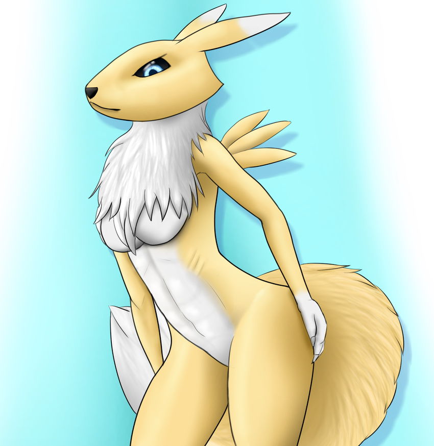 black_nose black_sclera blue_eyes breasts canine claws digimon female fox fur hi_res mammal mane nude paintchaser renamon ribs shoulder_blade_spikes solo white_fur yellow_fur