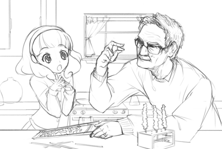1girl breaking_bad candy chemistry crossover facial_hair food glasses greyscale hairband kise_yayoi monochrome mustache orz_(orz57) precure science short_hair sketch smile_precure! sparkling_eyes sweater walter_white