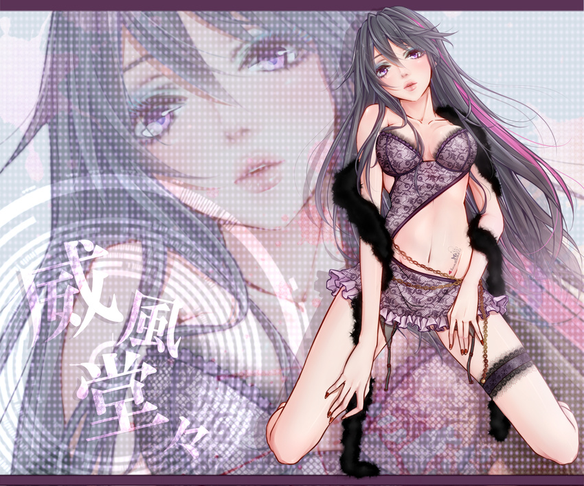 blush chain collarbone eyeshadow feather_boa highlights highres ifuudoudou_(vocaloid) kanji kneeling lingerie lips long_hair looking_at_viewer makeup masami_chie multicolored_hair nail_polish navel nose original purple_eyes purple_hair solo tattoo tears underwear untied vocaloid zoom_layer