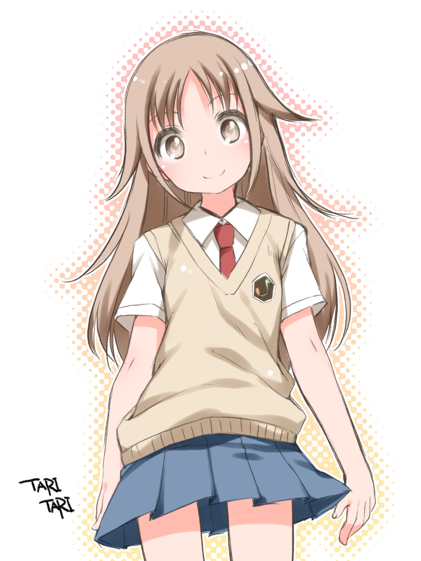 blush brown_eyes brown_hair copyright_name highres long_hair looking_at_viewer miyamoto_konatsu necktie school_uniform shouji_ayumu skirt smile solo sweater_vest tari_tari