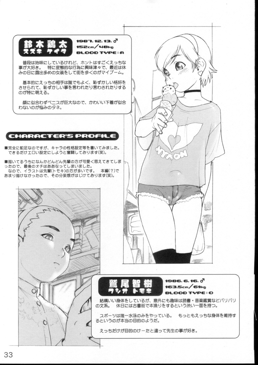 androgynous blush bulge choker earrings greyscale hairband heart heart_earrings highres ice_cream_cone jewelry kneehighs licking male_focus monochrome multiple_boys original over-kneehighs po-ju scan shirt short_hair shorts t-shirt thighhighs tongue translation_request