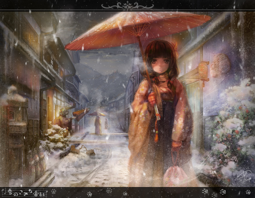 brown_eyes brown_hair gloves hair_ornament japanese_clothes kimono lantern long_hair miyai_haruki open_mouth oriental_umbrella original snow stone_lantern tree umbrella