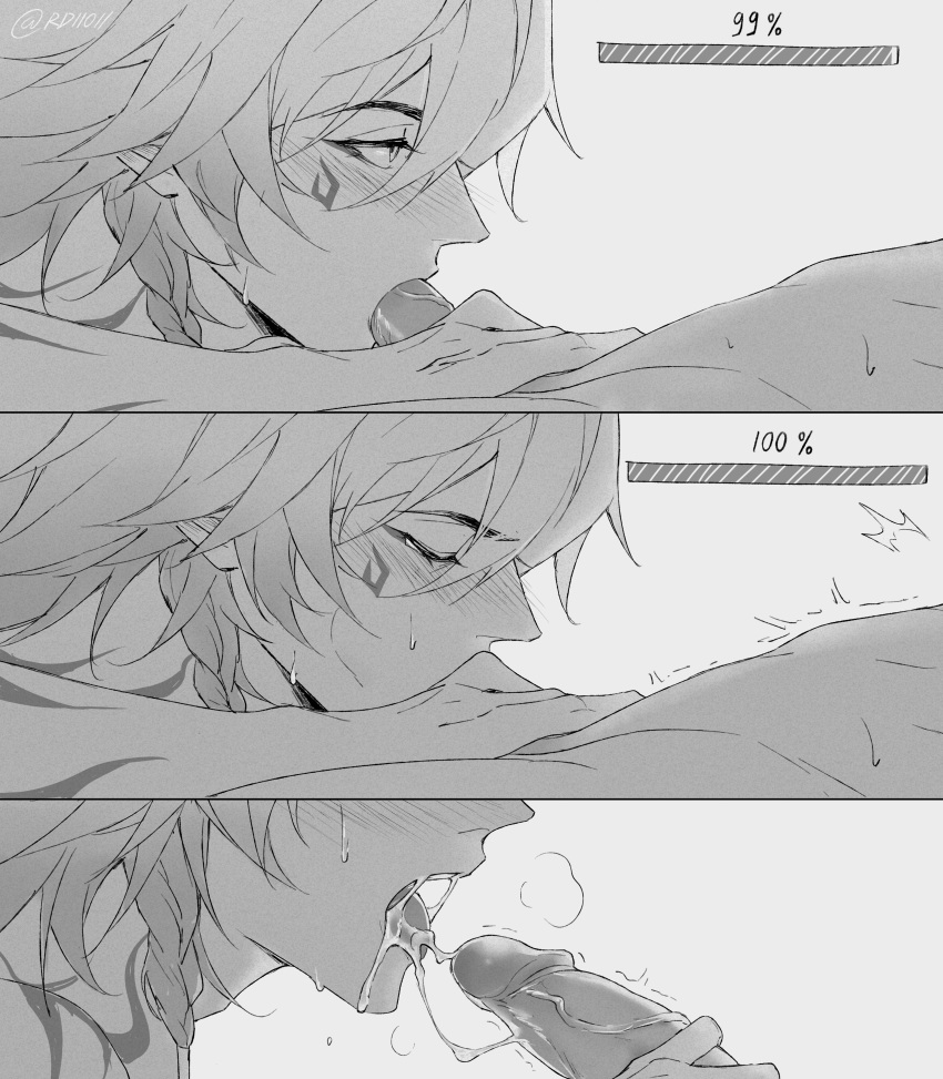 2boys ^^^ absurdres blush braid commentary cum cum_in_mouth cum_string deepthroat ejaculation english_commentary erection eyelashes facial_mark fellatio greyscale highres honkai:_star_rail honkai_(series) lying male_focus medium_hair monochrome multiple_boys mydei_(honkai:_star_rail) on_back oral out_of_frame parted_bangs penis phainon_(honkai:_star_rail) rd11011 sequential side_braid sweat veins veiny_penis white_background yaoi