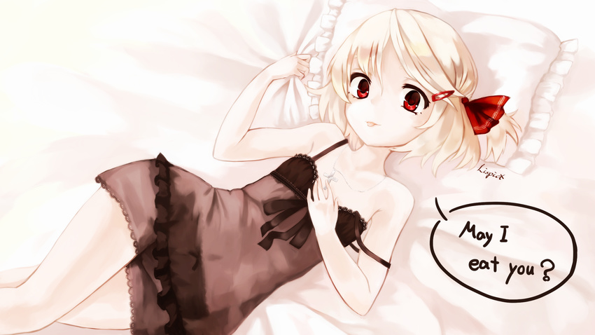 artist_name bad_id bad_pixiv_id bare_shoulders black_panties blonde_hair chemise cross cross_necklace hair_ornament hair_ribbon hairpin highres jewelry lispict lying necklace panties red_eyes ribbon rumia see-through short_hair solo strap_slip tongue tongue_out touhou underwear underwear_only