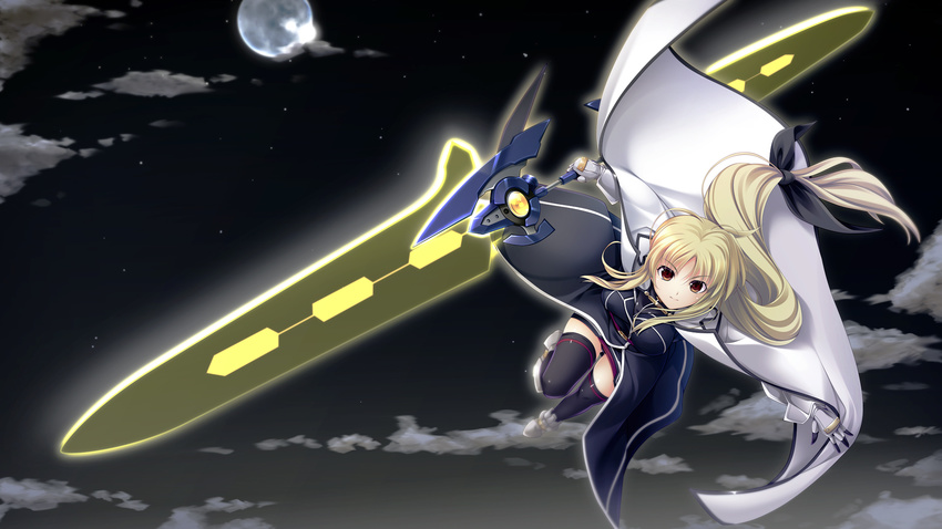 bardiche blonde_hair boots bow breasts cape cloud energy_sword fate_testarossa full_moon gauntlets gloves hair_bow highres jacket long_hair lyrical_nanoha mahou_senki_lyrical_nanoha_force medium_breasts moon night red_eyes solo star_(sky) sword tebukuro thighhighs weapon