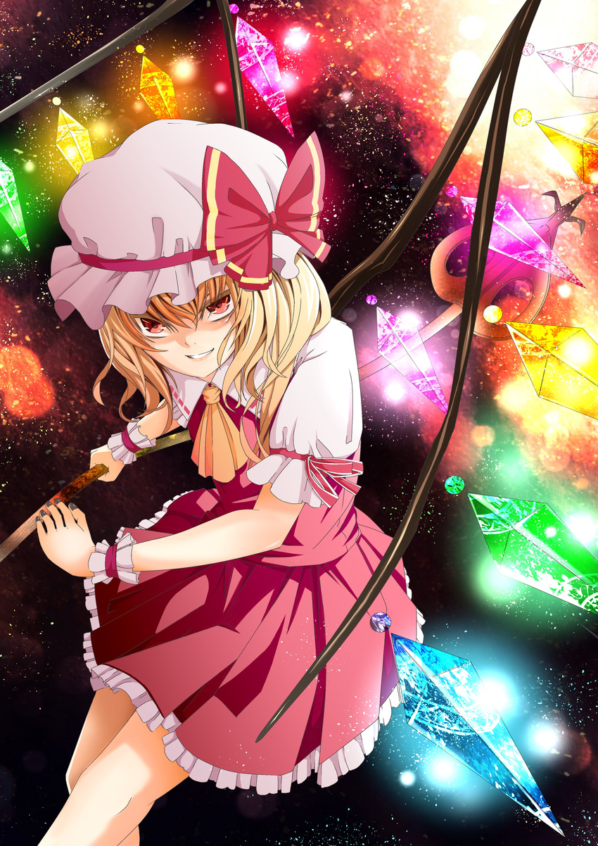 absurdres ascot bad_hands blonde_hair bow flandre_scarlet glowing glowing_wings hat hat_ribbon highres md5_mismatch mikoma_sanagi polearm red_eyes ribbon short_hair skirt smile smirk solo spear touhou weapon wings