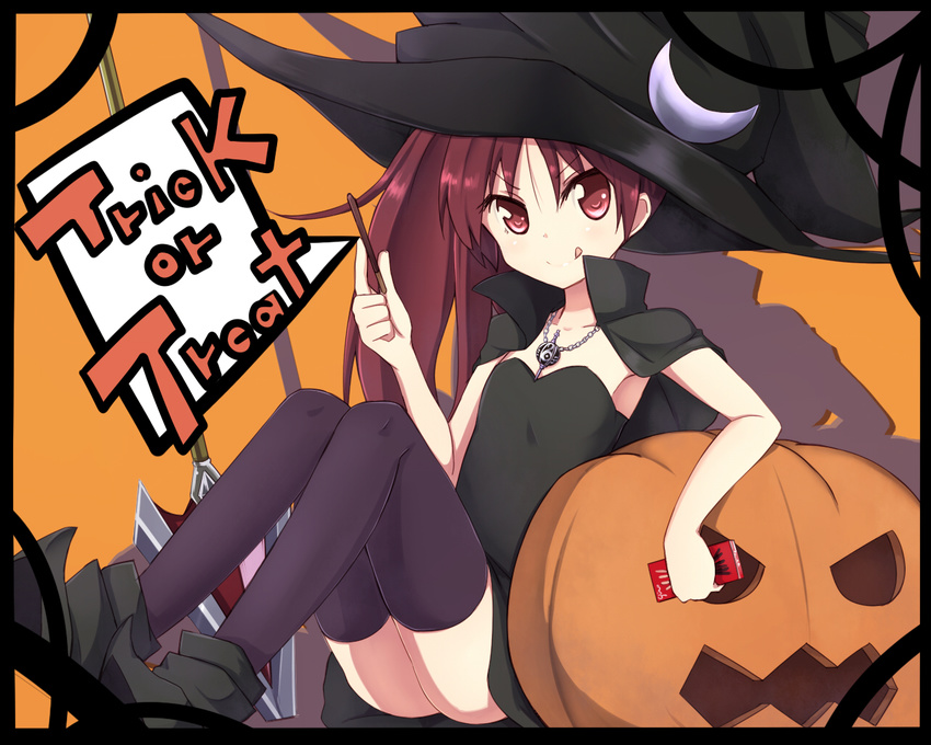 &gt;:) :q amano_kouki food grief_seed halloween hat jack-o'-lantern jewelry mahou_shoujo_madoka_magica necklace pocky pumpkin red_eyes red_hair sakura_kyouko smile solo thighhighs tongue tongue_out trick_or_treat v-shaped_eyebrows witch_hat