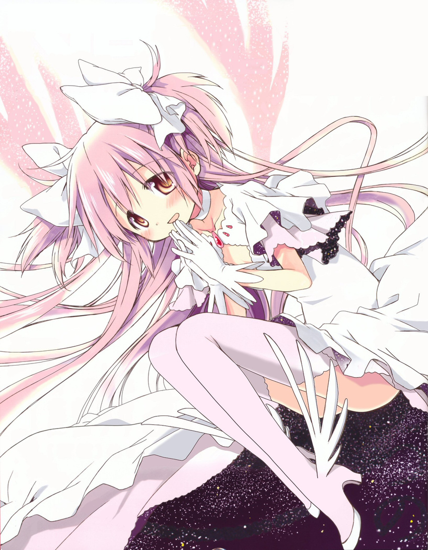 aoki_ume blush bow brown_eyes cleavage_cutout detexted dress dutch_angle foot_wings frilled_sleeves frills gem gloves hair_bow hair_ribbon highres kaname_madoka legs_folded long_dress long_hair long_skirt looking_at_viewer mahou_shoujo_madoka_magica mahou_shoujo_madoka_magica_movie newtype non-web_source official_art pink_hair ribbon skirt solo space star_(sky) thighhighs thighs third-party_edit two_side_up ultimate_madoka very_long_hair white_background white_dress white_gloves white_ribbon wings