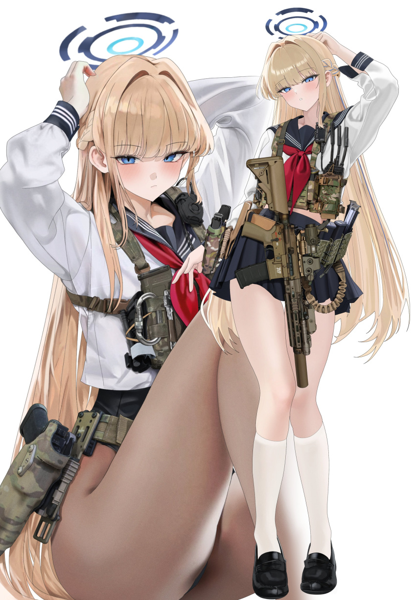 1girl absurdres adjusting_hair arm_behind_head assault_rifle black_leotard black_sailor_collar black_shoes black_skirt blonde_hair blue_archive blue_eyes blue_halo blush braid camouflage chest_rig closed_mouth commentary feet_out_of_frame fte_(fifteen_199) glock gun hair_intakes half_up_braid halo handgun highres holding holding_gun holding_weapon knee_up kneehighs leotard leotard_under_clothes long_hair long_sleeves looking_at_viewer neckerchief no_pants pleated_skirt puffy_long_sleeves puffy_sleeves red_neckerchief rifle sailor_collar school_uniform shirt shoes simple_background sitting skirt socks solo symbol-only_commentary tactical_school_uniform thick_thighs thighs toki_(blue_archive) very_long_hair weapon weapon_case white_background white_shirt white_socks