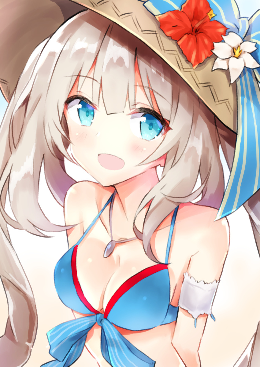 1girl :d bangs bare_shoulders bikini blue_bikini blue_bow blue_eyes blush bow breasts cleavage collarbone commentary_request eyebrows_visible_through_hair fate/grand_order fate_(series) flower hair_between_eyes hat hat_bow hat_flower highres light_brown_hair long_hair looking_at_viewer marie_antoinette_(fate/grand_order) marie_antoinette_(swimsuit_caster)_(fate) medium_breasts nanakusa_amane navel open_mouth red_flower smile solo striped striped_bow sun_hat swimsuit twintails upper_body very_long_hair white_flower