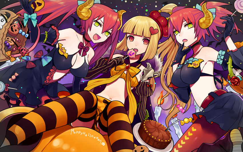 bad_id bad_pixiv_id banned_artist breasts cake candle candy demon_horns food halloween happy_halloween harano highres horns jack-o'-lantern long_hair medium_breasts multiple_girls name_tag open_mouth original pantyhose skirt smile striped striped_legwear thighhighs