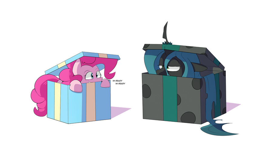 blue_eyes box changeling duo equine female feral friendship_is_magic gift green_eyes green_hair hair horn horse mammal my_little_pony pink_hair pinkie_pie_(mlp) plain_background pony queen_chrysalis_(mlp) white_background