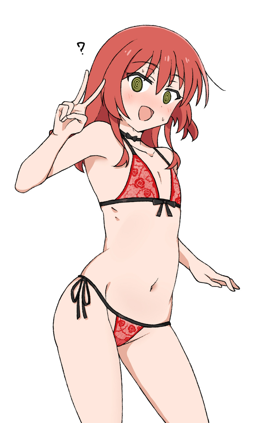 1girl ? @_@ arm_at_side black_choker blush bocchi_the_rock! bow bow_bra bow_choker bra choker choppy_bangs collarbone commentary_request contrapposto cowboy_shot dot_nose flat_chest green_eyes hamuno hand_up highres kita_ikuyo lingerie long_hair looking_at_viewer navel nose_blush open_mouth panties red_bra red_hair red_panties simple_background small_sweatdrop solo standing stomach string_bra string_panties underwear underwear_only v variant_set white_background