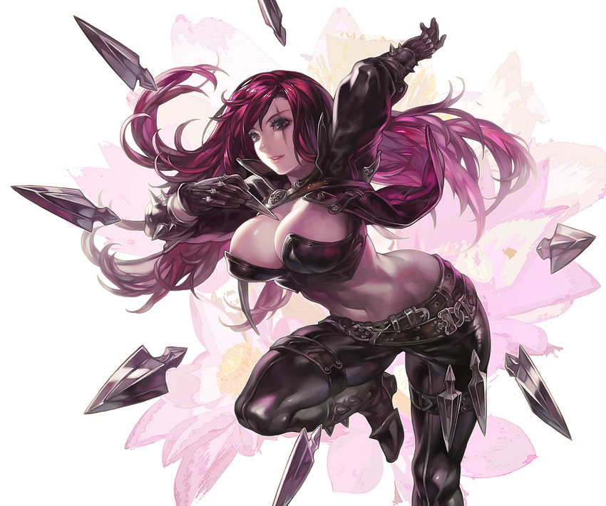 aoin arm_up belt black_eyes black_gloves breasts gloves highres holding katarina_du_couteau knife large_breasts league_of_legends leg_up lips long_hair low_neckline navel red_hair scar solo thigh_strap thighs