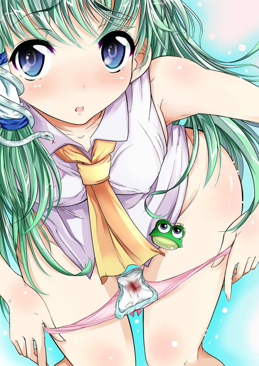 absurdres ascot blue_eyes blush breasts covered_nipples frog_hair_ornament goya_(team_harenchi) green_hair hair_ornament hair_tubes highres kochiya_sanae leaning_forward long_hair medium_breasts menstrual_pad open_mouth panties pink_panties sleeveless snake solo touhou underwear