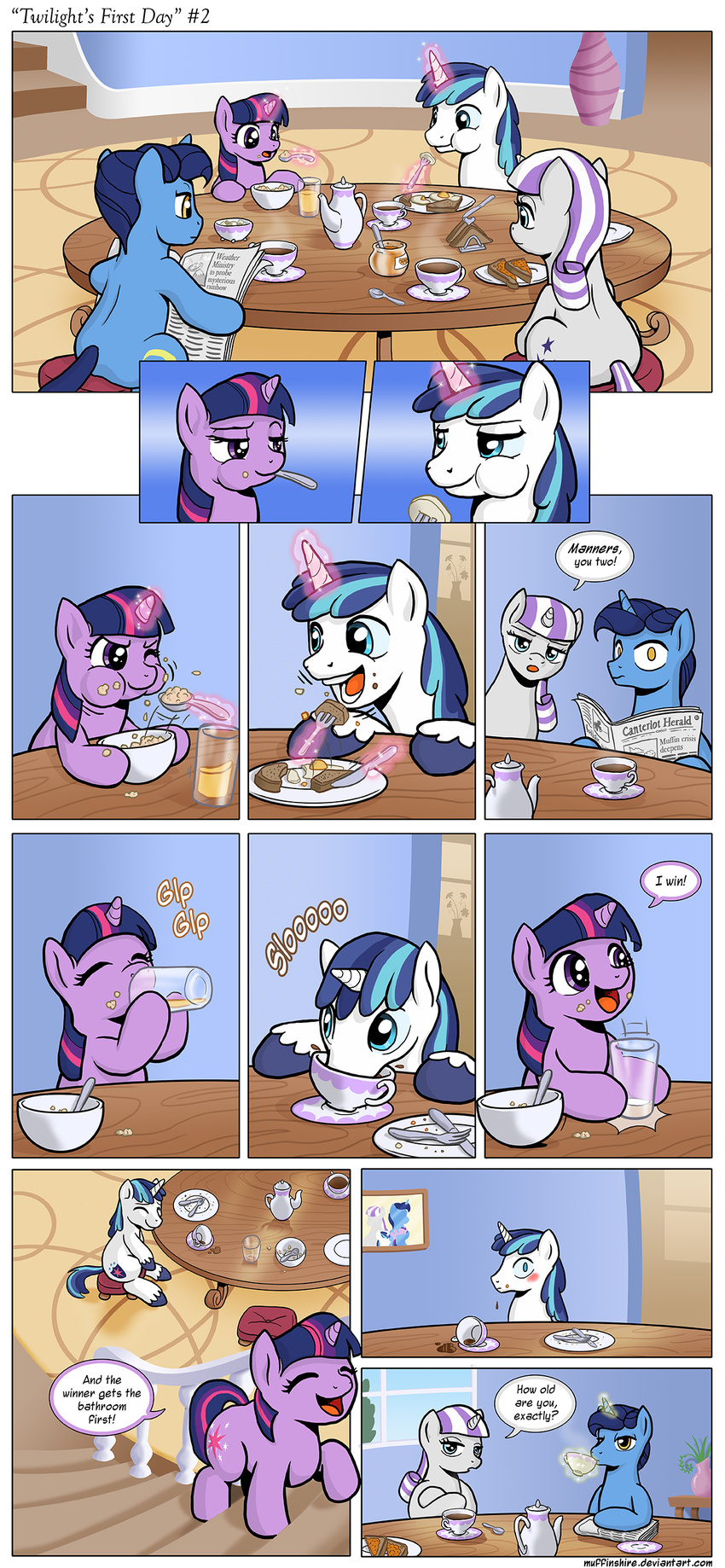 blue_hair blush cereal comic crescent_(mlp) cutie_mark dialog egg english_text equine female feral food fork friendship_is_magic hair horn horse knife magic male mammal marmalade_(food) mr_sparkle ms_sparkle muffinshire multi-colored_hair my_little_pony newspaper orange_juice parent pink_hair pony purple_eyes purple_hair saucer shining_armor shining_armor_(mlp) spoon stairs stool table tea teacup teapot text toast twilight_sparkle_(mlp) twilight_velvet_(mlp) two_tone_hair unicorn white_hair window yellow_eyes