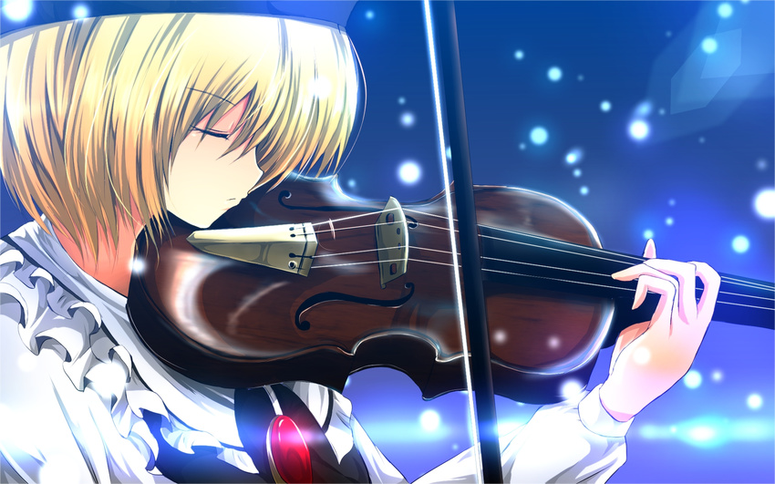 blonde_hair bow_(instrument) brooch closed_eyes hat highres instrument jewelry lights long_sleeves lunasa_prismriver music nekominase playing_instrument shirt short_hair solo touhou upper_body vest violin