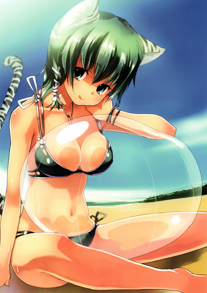 :q absurdres animal_ears ball bare_legs bare_shoulders beach beachball bikini black_bikini blue_sky breast_press breasts cleavage day green_eyes green_hair hair_ribbon highres jewelry large_breasts navel necklace original outdoors refeia ribbon scan short_hair side-tie_bikini sitting sky solo swimsuit tail tiger_ears tiger_tail tongue tongue_out transparent wristband