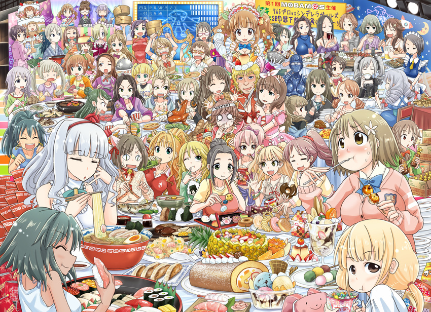 6+girls aihara_yukino akizuki_ritsuko annotated baozi blazer blush bocchan_dango bowl brand_name_imitation breasts cake candy cardigan cardigan_vest checkerboard_cookie china_dress chinese_clothes chips chopsticks cobra cookie costume creme_caramel dango doughnut dress eating eating_contest ebihara_naho egg everyone eyelashes feast fish food fruit futaba_anzu ganaha_hibiki green_shirt gunkanmaki hair_ornament hamburger hardboiled_egg highres hiiragi_shino himekawa_yuki hino_akane_(idolmaster) honda_mio hood hooded_track_jacket hoshi_shouko hoshii_miki houjou_karen ice_cream ichihara_nina idolmaster idolmaster_(classic) idolmaster_cinderella_girls jacket jougasaki_mika jougasaki_rika kamijou_haruna kamiya_nao kanzaki_ranko kawashima_mizuki kimura_natsuki kirino_aya kitagawa_mahiro konpeitou koseki_reina koshimizu_sachiko large_breasts long_hair maekawa_miku makihara_shiho makizushi mary_cochran master_trainer meandros mimura_kanako minase_iori mister_donut mitarashi_dango moroboshi_kirari mukai_takumi multiple_girls mushroom nanjou_hikaru natalia_(idolmaster) nigirizushi noodles oikawa_shizuku old-fashioned_doughnut onigiri open_mouth parfait pastry_bag pocky potato_chips raglan_sleeves ramen rice sakakibara_satomi sakazaki_freddy sakuma_mayu sanshoku_dango school_uniform senkawa_chihiro shibuya_rin shiina_noriko shijou_takane shimamura_uzuki shiomi_shuuko shirasaka_koume shirt short_hair sleeves_rolled_up smile space_adventure_cobra star star_hair_ornament strawberry sushi sweatdrop swiss_roll tada_riina takagaki_kaede takahashi_reiko takamori_aiko takatsuki_yayoi taut_clothes taut_shirt totoki_airi tougou_ai track_jacket trainer_(idolmaster) triad_primus tsuchiya_ako ueda_suzuho wafer_stick wagashi yao_feifei yokoyama_chika