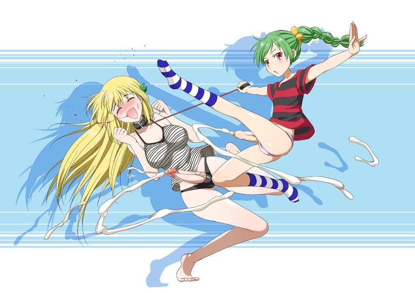 bare_shoulders barefoot blonde_hair blood blush braid censored closed_eyes collar cum ejaculation foreskin futanari gekka_kaguya_(urabata) green_hair hair_ornament kicking leash long_hair mosaic_censoring multiple_girls open_mouth original outstretched_arms panties ponytail red_eyes shadow shirt smile socks striped striped_legwear striped_shirt tank_top underwear violence