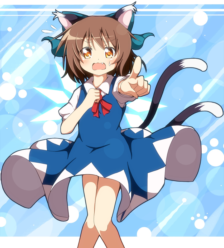 animal_ears blue_dress blush bow brown_eyes brown_hair cat_ears cat_tail chen cirno cirno_(cosplay) cosplay do_(4-rt) dress fang hair_bow highres looking_at_viewer multiple_tails nekomata open_mouth paw_print pointing pointing_at_viewer puffy_sleeves shirt short_hair short_sleeves solo sweatdrop tail touhou wavy_mouth
