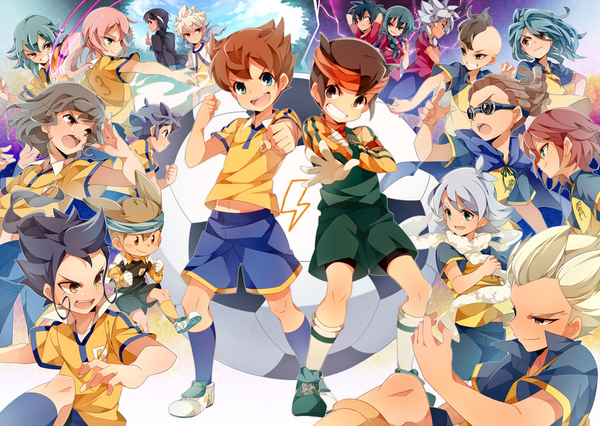 baddap_sleed ball crossover endou_mamoru eska_bamel everyone fubuki_shirou fudou_akio goalkeeper goggles gouenji_shuuya grin hakuryuu_(inazuma_eleven) headband highres inazuma_eleven inazuma_eleven_(series) inazuma_eleven_go kageyama_hikaru kariya_masaki kazemaru_ichirouta kidou_yuuto kirino_ranmaru kiyama_hiroto lightning_bolt matsukaze_tenma mistorene_callus multiple_boys nishizono_shinsuke ogre_(inazuma_eleven) open_mouth raglan_sleeves raimon raimon_soccer_uniform scarf shindou_takuto shuu_(inazuma_eleven) smile soccer_ball soccer_uniform sportswear tsurugi_kyousuke u35 unlimited_shining