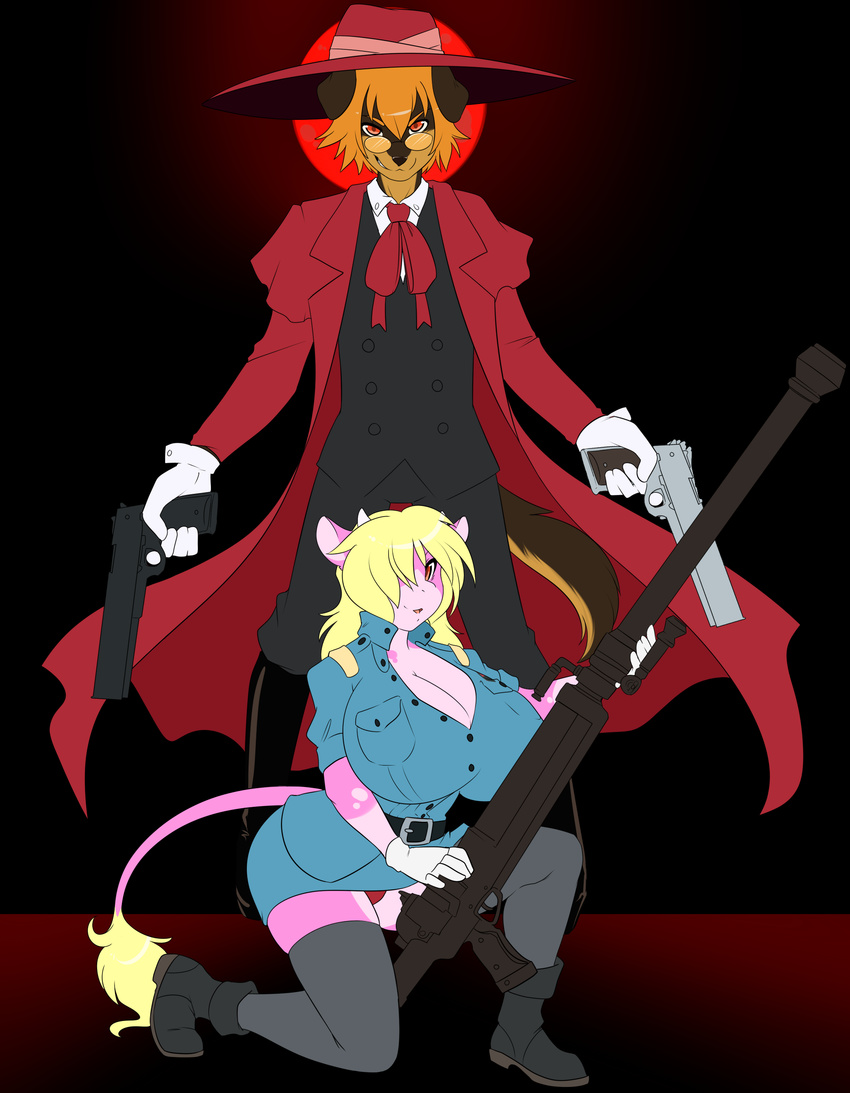 anime blonde_hair boots bovine breasts canine cattle ceras cleavage clothed clothing coat cosplay cow dog female gloves gun hair hat hellsing kingofkof legwear male mammal miles_(kingofkof) pink pink_body ranged_weapon ruby_(rubyluvcow) rubyluvcow seras_victoria spazzykoneko stockings weapon