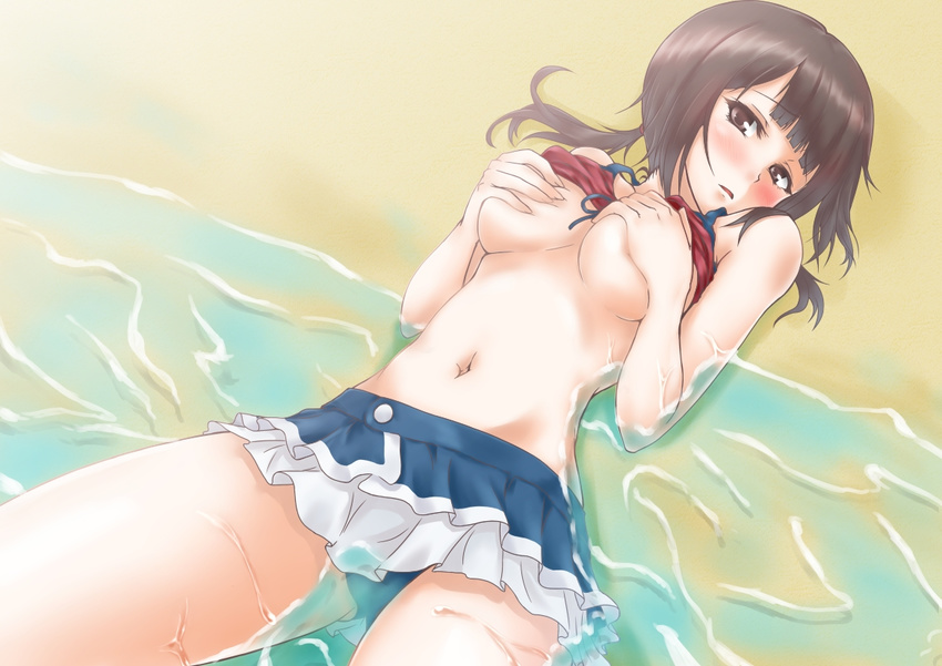 1girl beach black_hair blush breasts kyoukya_(kyouya02) navel okita_sawa tari_tari twintails underboob