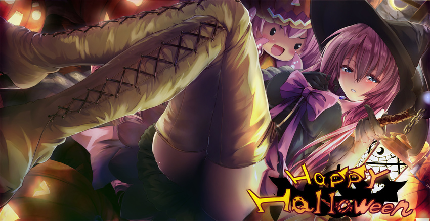 black_gloves blue_eyes blush boots breasts crescent cross-laced_footwear crossed_legs daidou_(demitasse) english gloves halloween hat highres jack-o'-lantern lamp large_breasts long_hair looking_at_viewer megurine_luka parted_lips pink_hair project_diva_(series) project_diva_2nd pumpkin ribbon sitting smile solid_circle_eyes takoluka text_focus thigh_boots thighhighs vocaloid witch_hat